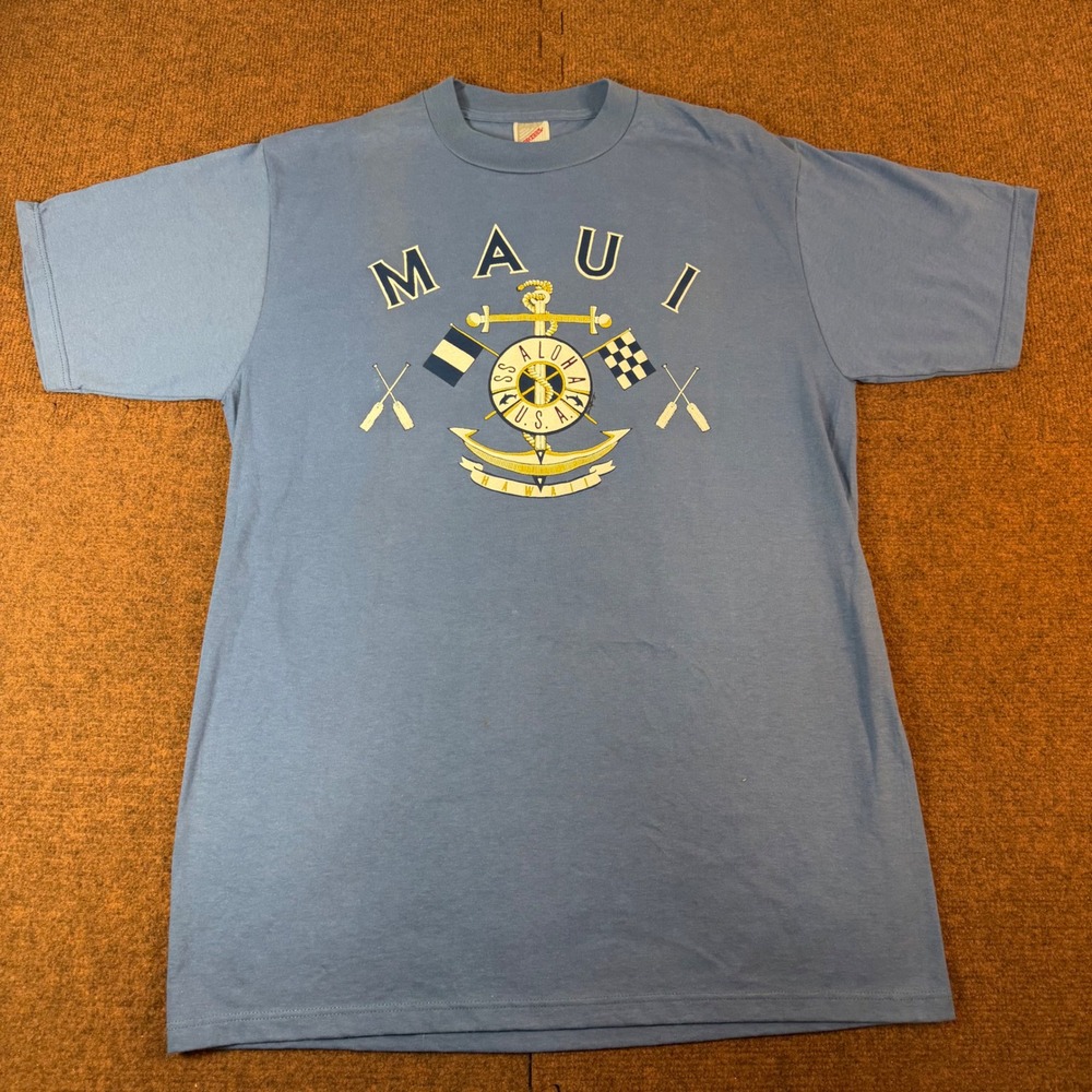 Jerzees Maui Hawaii T-Shirt Mens Large Blue Nautical Anchor Graphic Made in USA